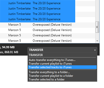 Transfer selected songs to iTunes or to a folder.