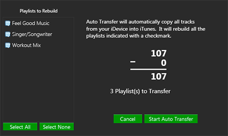 Music transfer info and playlist options.